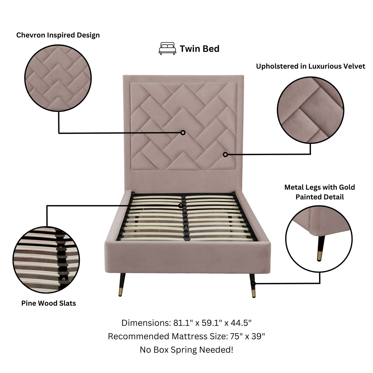 Manhattan Comfort Crosby Modern Twin-Size Upholstered Velvet Bedframe and Headboard in Blush BD009-TW-BH