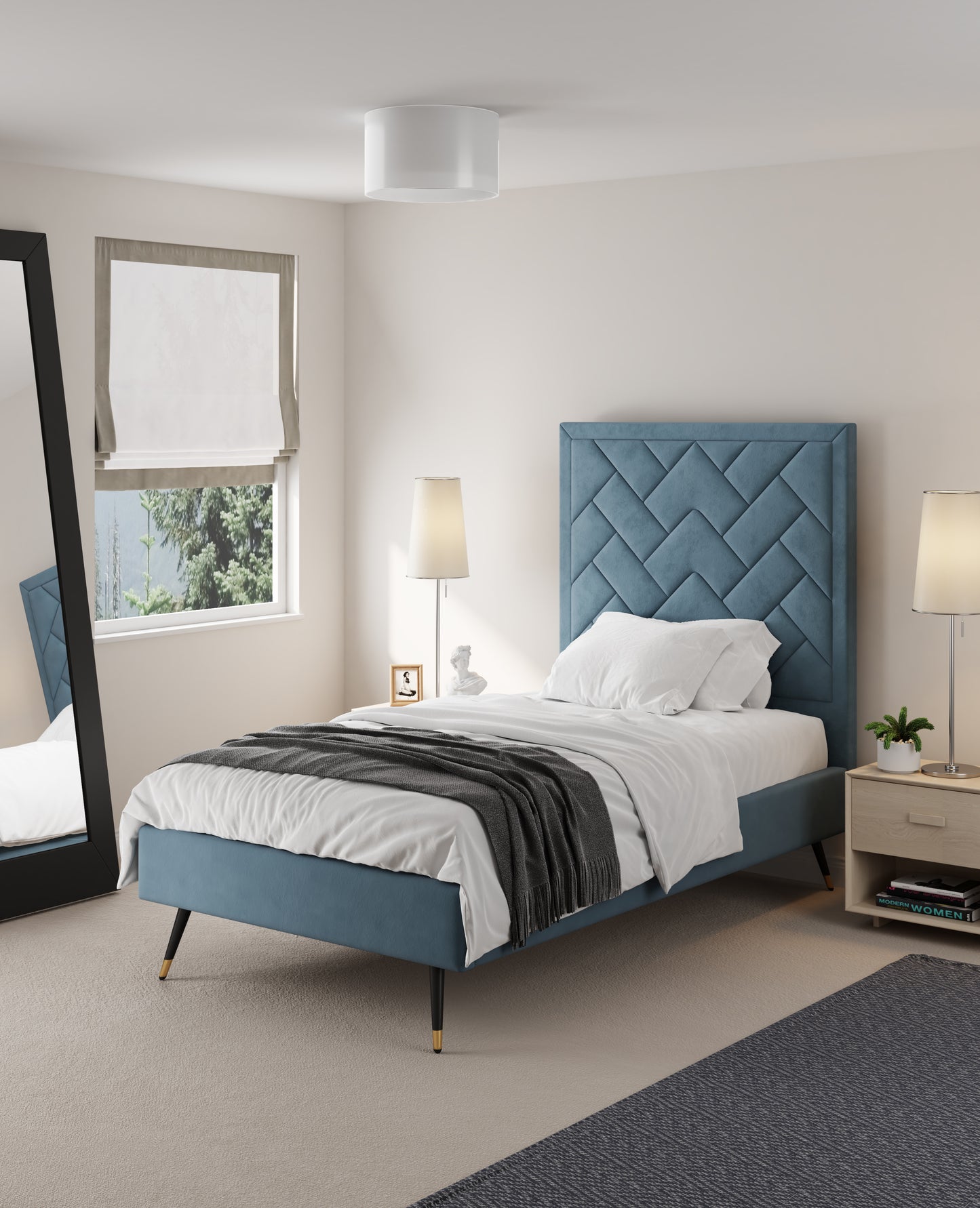 Manhattan Comfort Crosby Modern Twin-Size Upholstered Velvet Bedframe and Headboard in Blue BD009-TW-BL