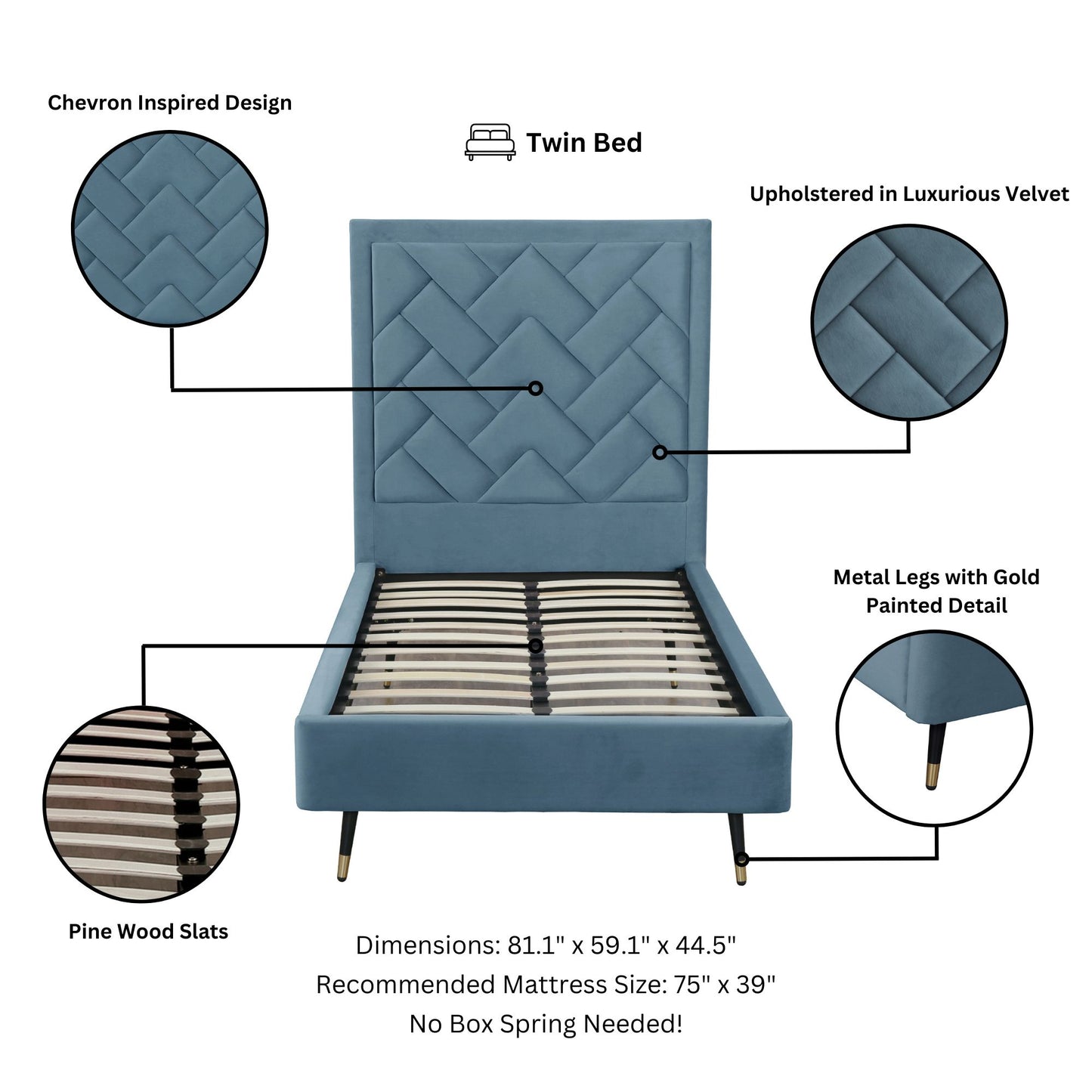 Manhattan Comfort Crosby Modern Twin-Size Upholstered Velvet Bedframe and Headboard in Blue BD009-TW-BL