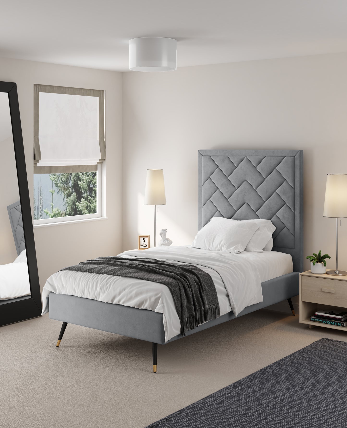 Manhattan Comfort Crosby Modern Twin-Size Upholstered Velvet Bedframe and Headboard in Grey BD009-TW-GY