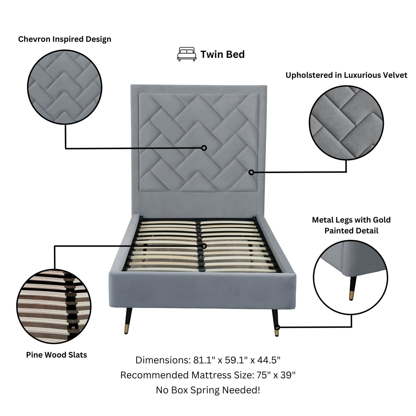 Manhattan Comfort Crosby Modern Twin-Size Upholstered Velvet Bedframe and Headboard in Grey BD009-TW-GY