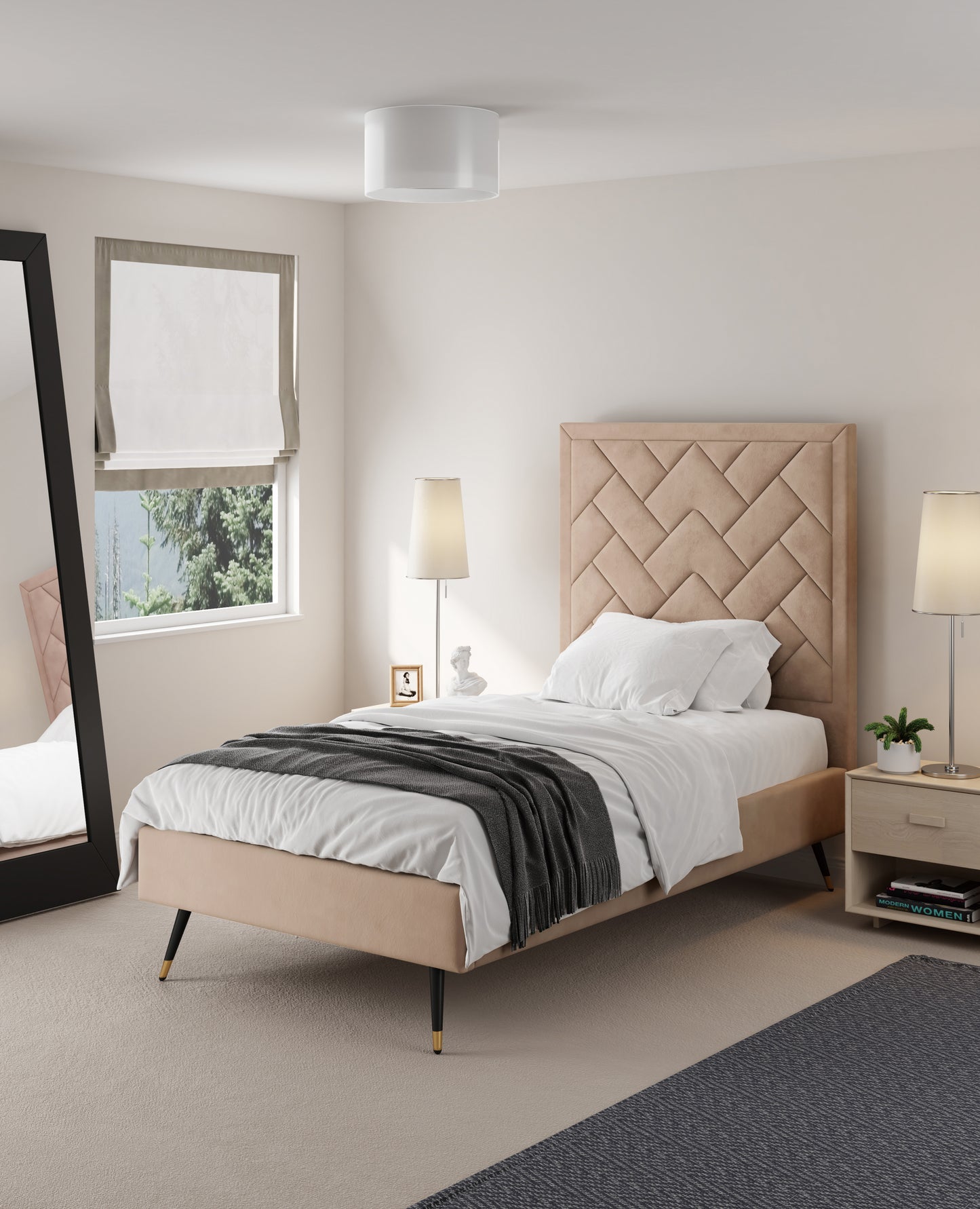 Manhattan Comfort Crosby Modern Twin-Size Upholstered Velvet Bedframe and Headboard in Nude BD009-TW-ND
