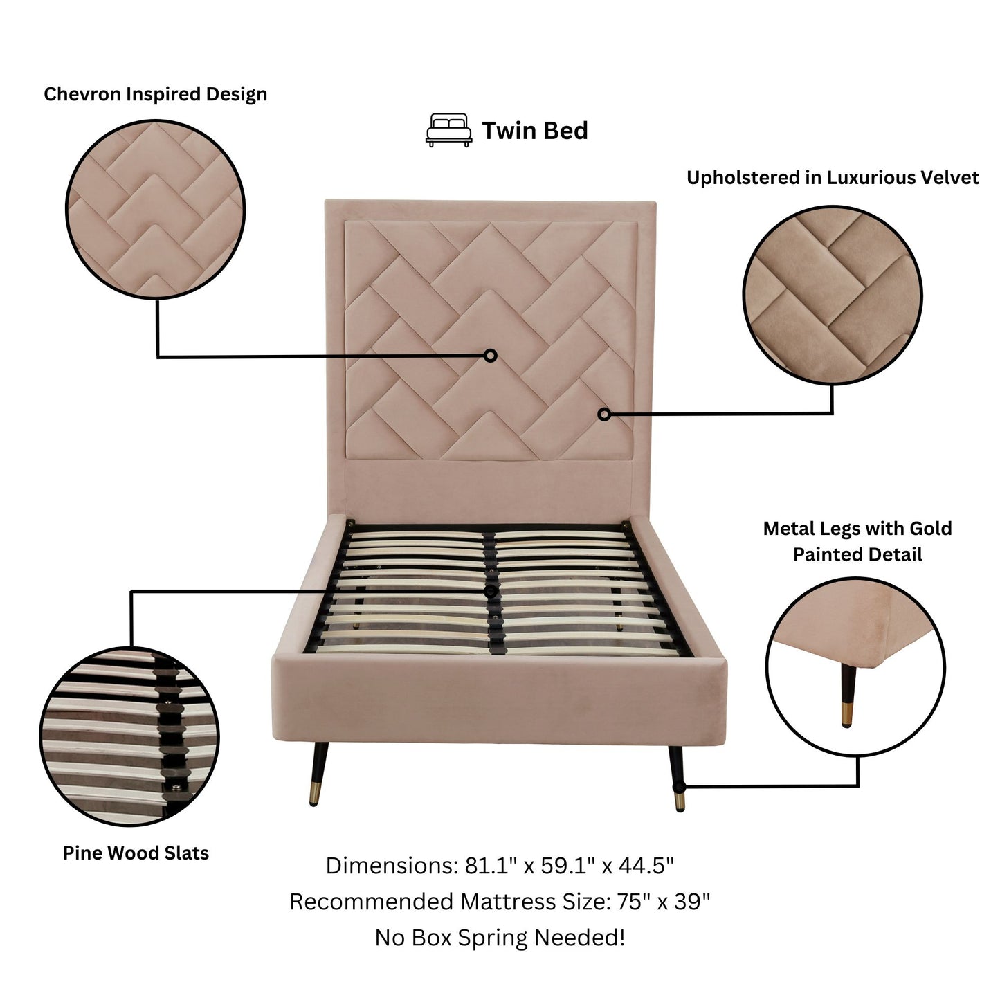 Manhattan Comfort Crosby Modern Twin-Size Upholstered Velvet Bedframe and Headboard in Nude BD009-TW-ND