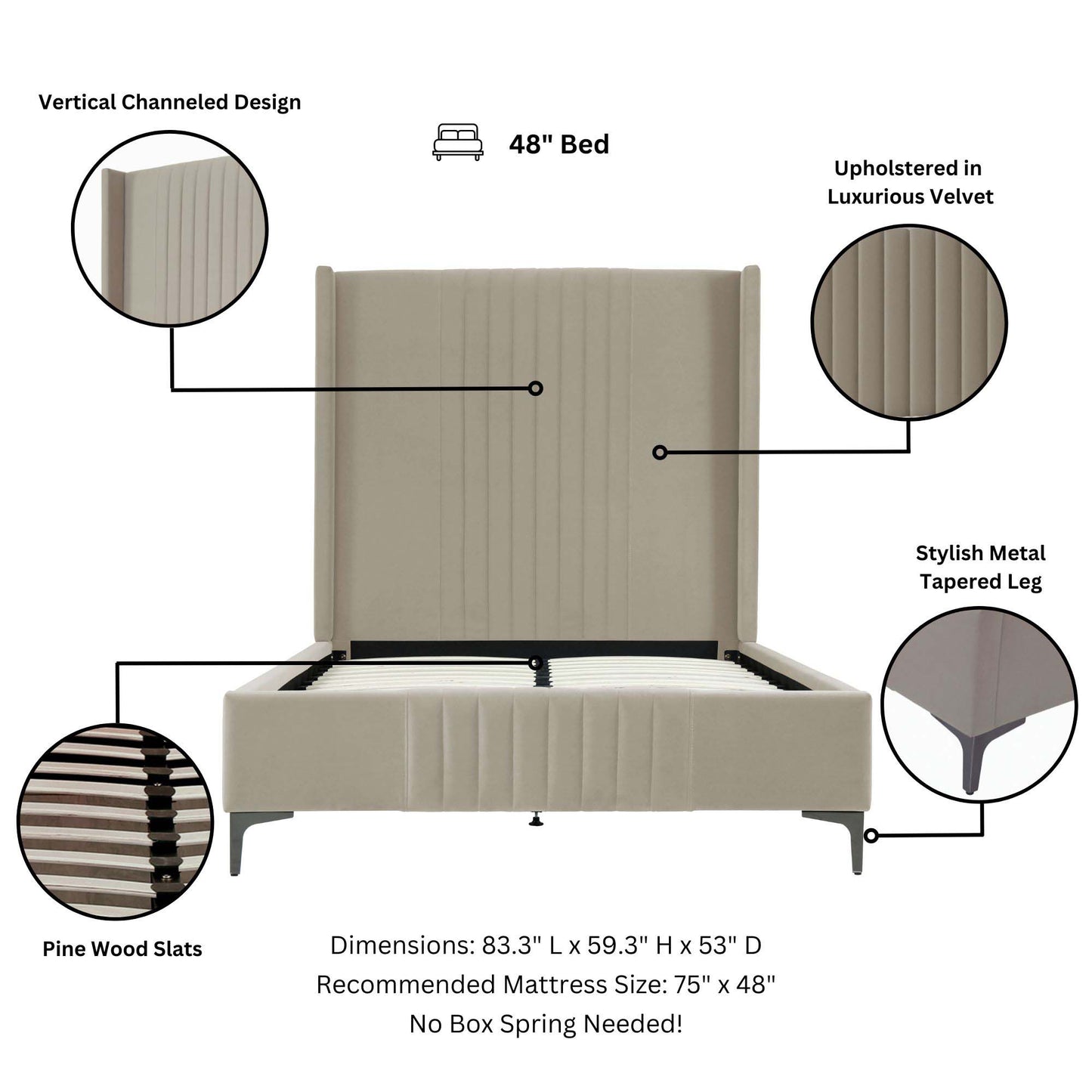 Manhattan Comfort Promenade Mid-Century Modern Velvet Upholstered Bed
