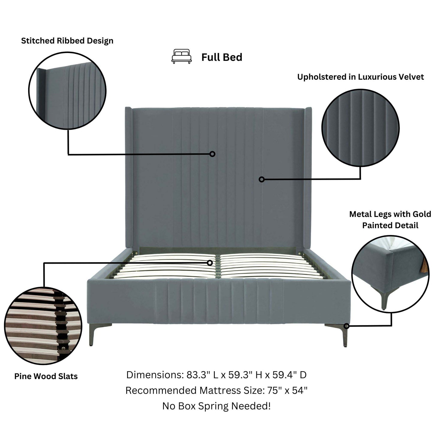 Promenade Mid-Century Modern Upholstered Velvet Full Bed in Gray BD010-FL-GY