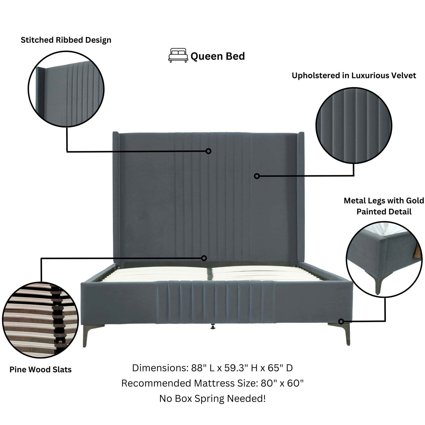 Manhattan Comfort Promenade Mid-Century Modern Velvet Upholstered Bed