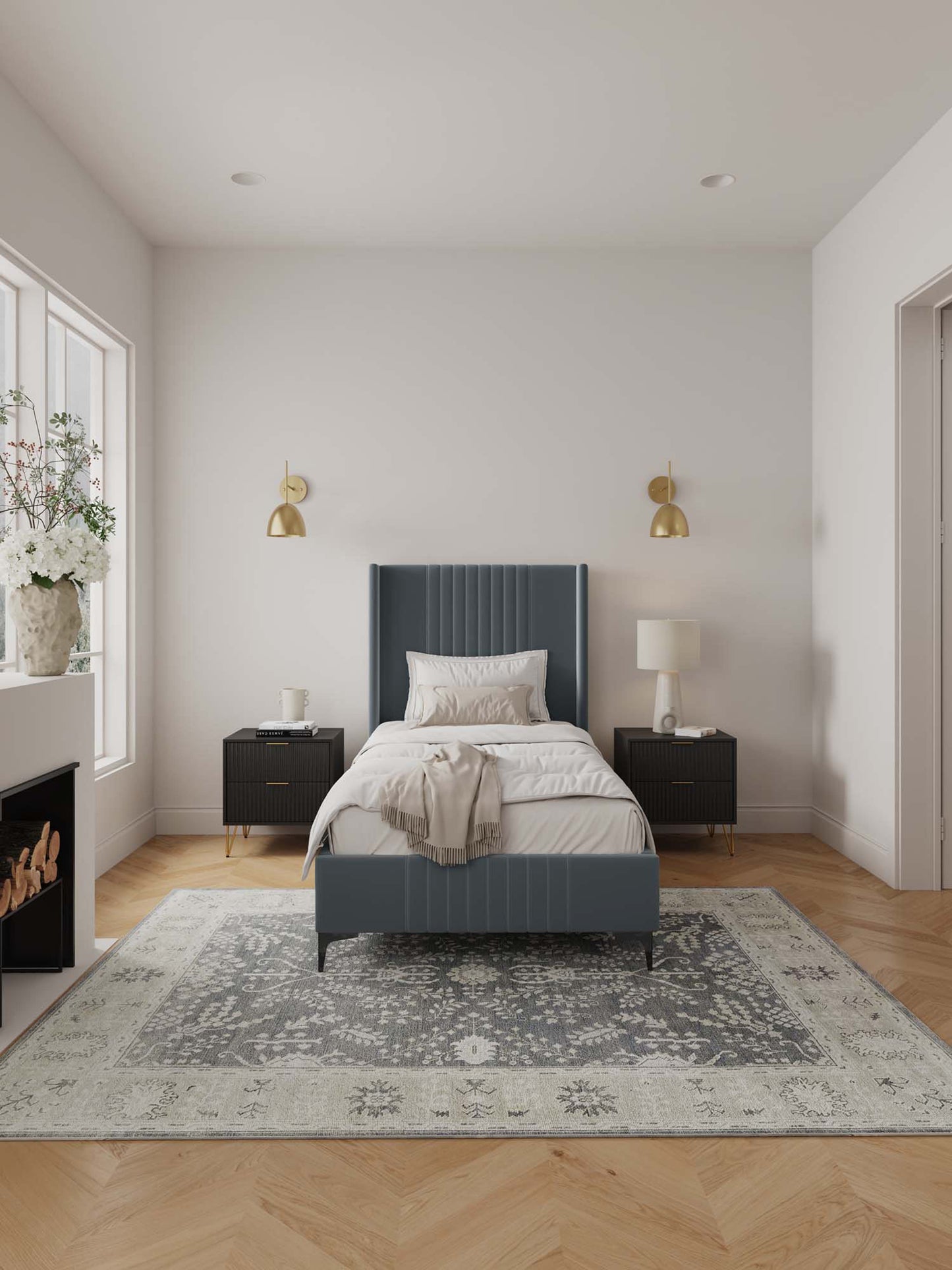 Manhattan Comfort Promenade Mid-Century Modern Velvet Upholstered Twin-Size Bed in Grey BD010-TW-GY