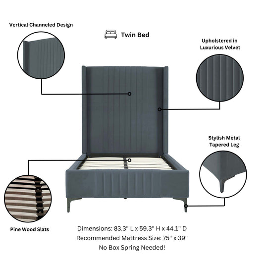 Manhattan Comfort Promenade Mid-Century Modern Velvet Upholstered Twin-Size Bed in Grey BD010-TW-GY