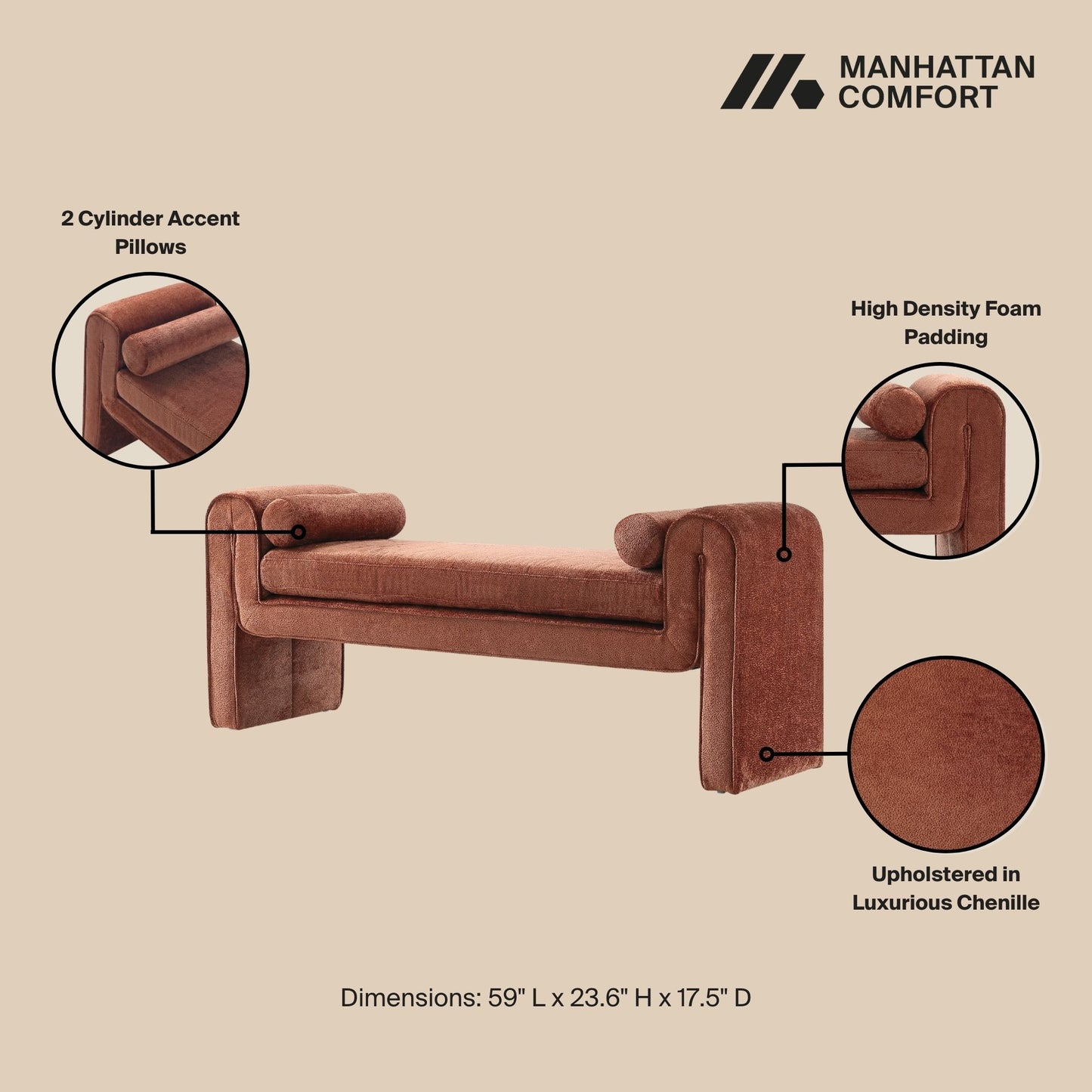 Concord Modern Glam Chenille Accent Bench in Terracotta BE001-TR
