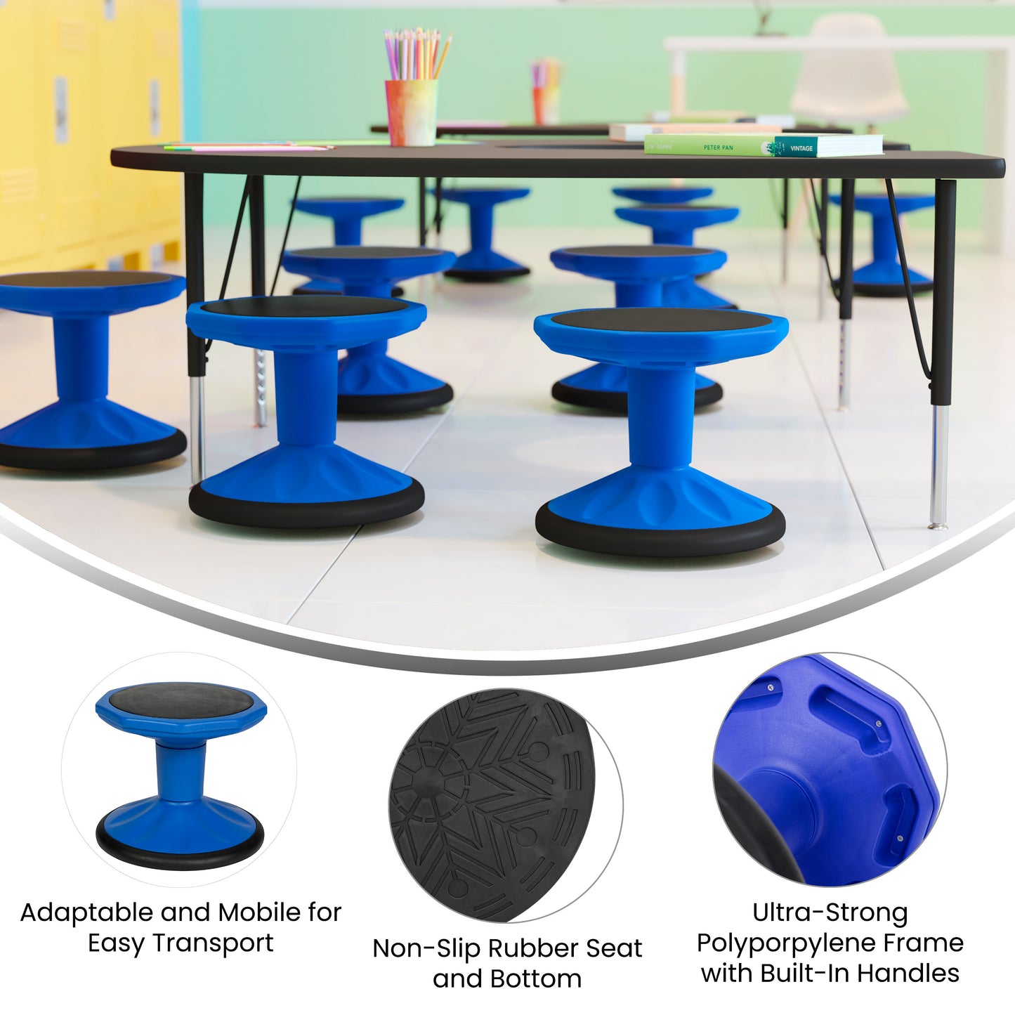 Lucas Fixed Height Kids Flexible Active Stool for Classroom and Home with Non-Skid Bottom in Blue, 12" Seat Height Blue