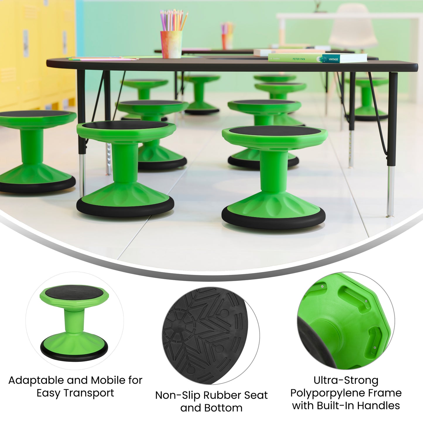 Lucas Fixed Height Kids Flexible Active Stool for Classroom and Home with Non-Skid Bottom in Green, 12" Seat Height Green