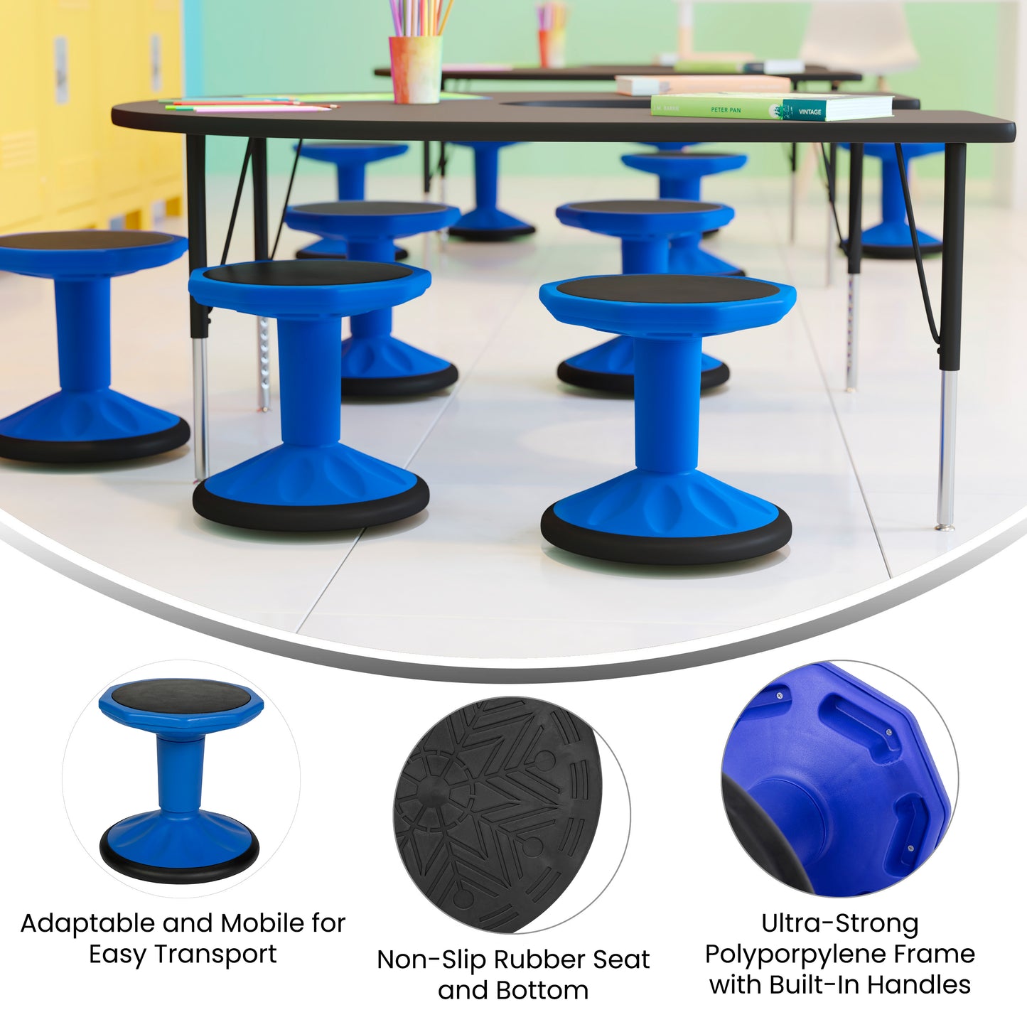 Lucas Fixed Height Kids Flexible Active Stool for Classroom and Home with Non-Skid Bottom in Blue, 14" Seat Height Blue