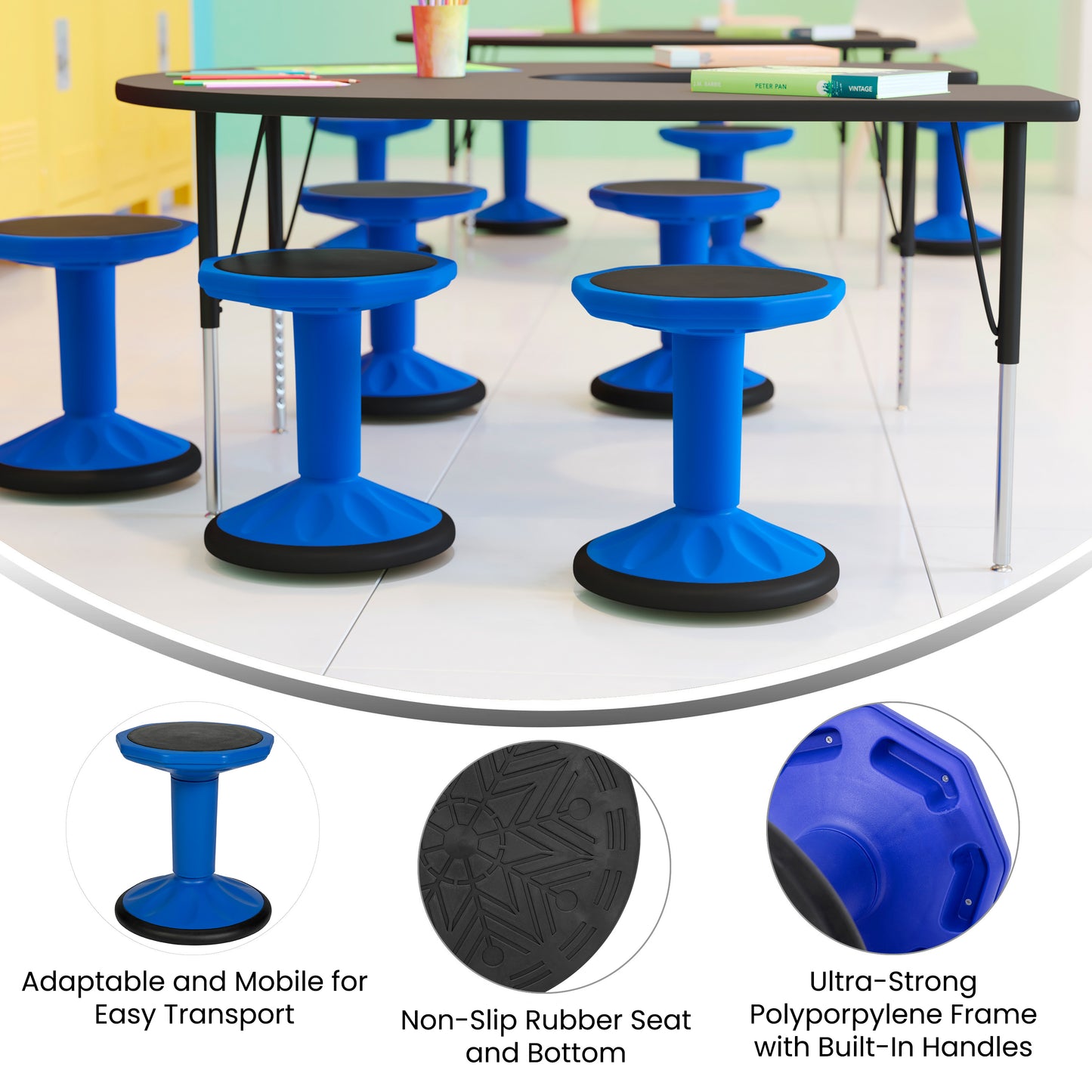 Lucas Fixed Height Kids Flexible Active Stool for Classroom and Home with Non-Skid Bottom in Blue, 16" Seat Height Blue