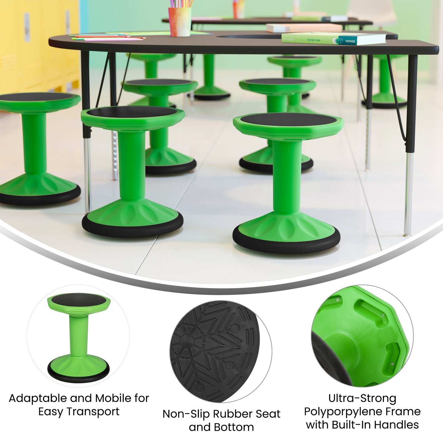 Lucas Fixed Height Kids Flexible Active Stool for Classroom and Home with Non-Skid Bottom in Green, 16" Seat Height Green BFT-9001F-16-GRN-GG