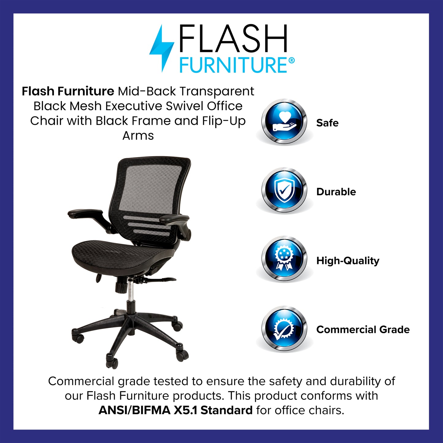 Warfield Mid-Back Transparent Black Mesh Executive Swivel Office Chair with Black Frame and Flip-Up Arms Black Mesh/Black Frame