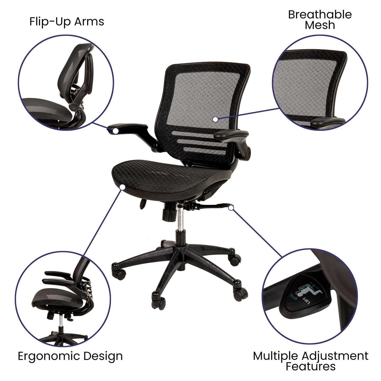 Warfield Mid-Back Transparent Black Mesh Executive Swivel Office Chair with Black Frame and Flip-Up Arms Black Mesh/Black Frame
