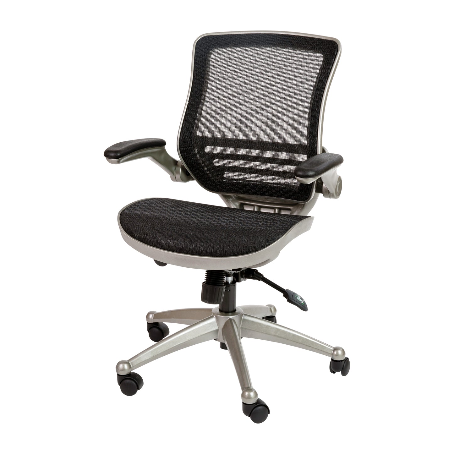 Warfield Mid-Back Transparent Black Mesh Executive Swivel Office Chair with Graphite Silver Frame and Flip-Up Arms Black Mesh/Graphite Silver Frame BL-8801X-BK-GR-GG
