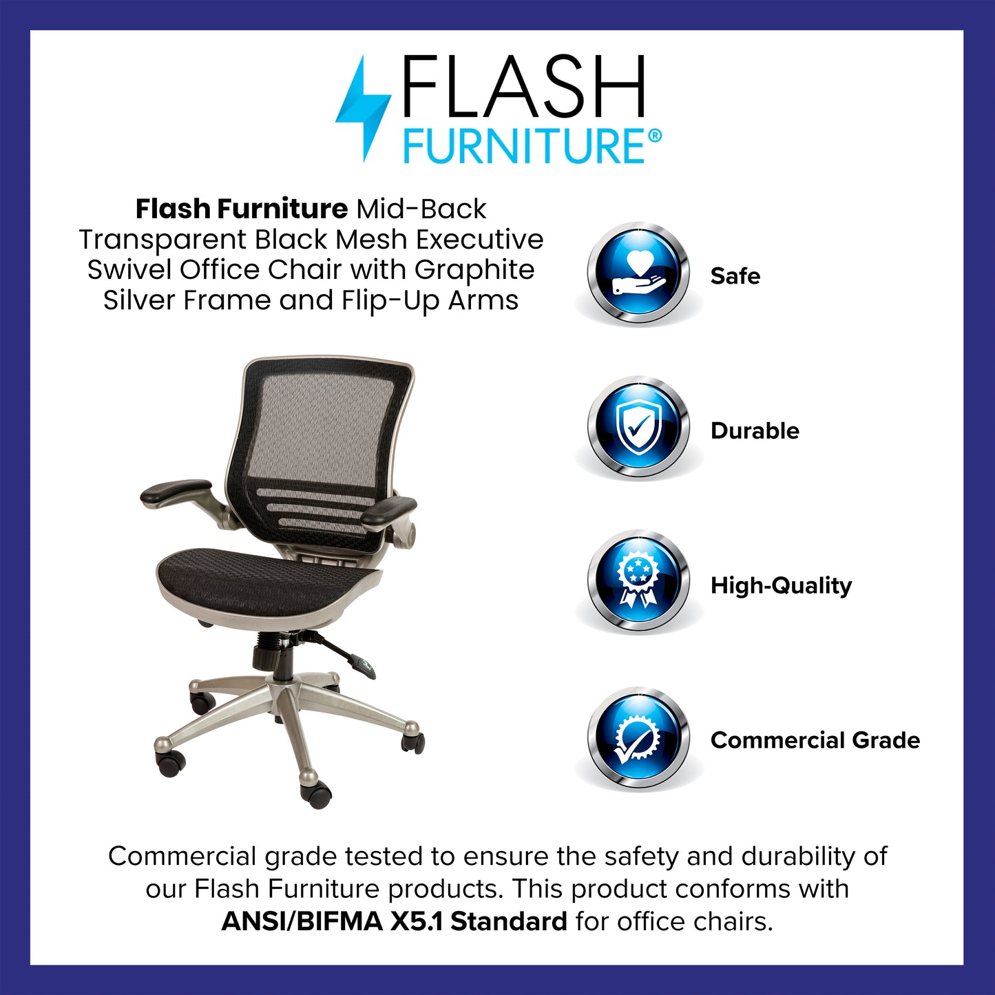 Warfield Mid-Back Transparent Black Mesh Executive Swivel Office Chair with Graphite Silver Frame and Flip-Up Arms Black Mesh/Graphite Silver Frame BL-8801X-BK-GR-GG