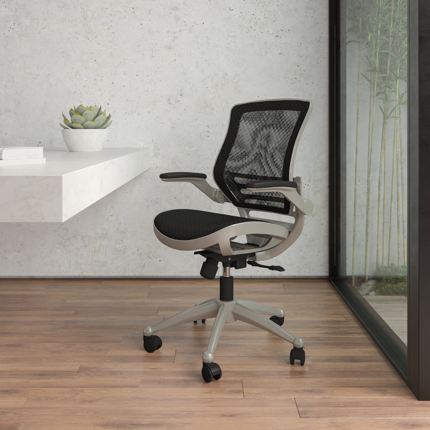 Warfield Mid-Back Transparent Black Mesh Executive Swivel Office Chair with Graphite Silver Frame and Flip-Up Arms Black Mesh/Graphite Silver Frame BL-8801X-BK-GR-GG