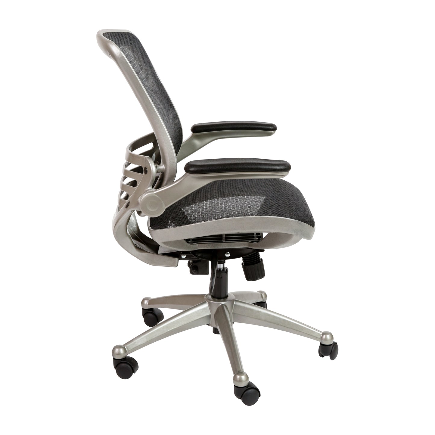 Warfield Mid-Back Transparent Black Mesh Executive Swivel Office Chair with Graphite Silver Frame and Flip-Up Arms Black Mesh/Graphite Silver Frame BL-8801X-BK-GR-GG