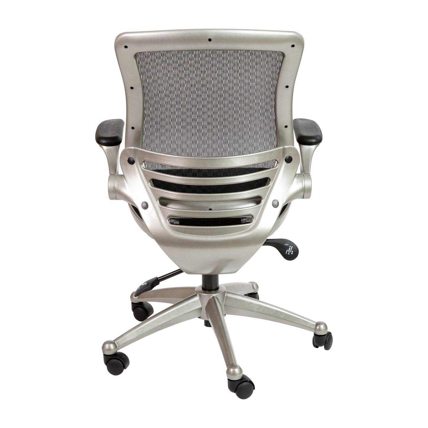 Warfield Mid-Back Transparent Black Mesh Executive Swivel Office Chair with Graphite Silver Frame and Flip-Up Arms Black Mesh/Graphite Silver Frame BL-8801X-BK-GR-GG