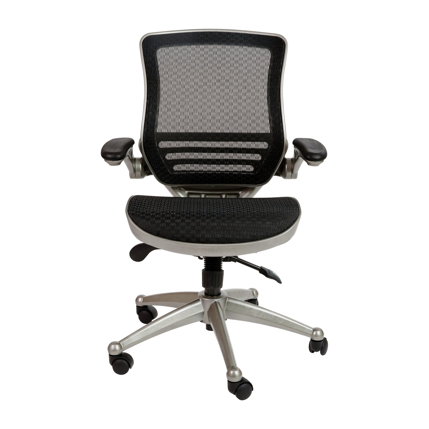 Warfield Mid-Back Transparent Black Mesh Executive Swivel Office Chair with Graphite Silver Frame and Flip-Up Arms Black Mesh/Graphite Silver Frame BL-8801X-BK-GR-GG