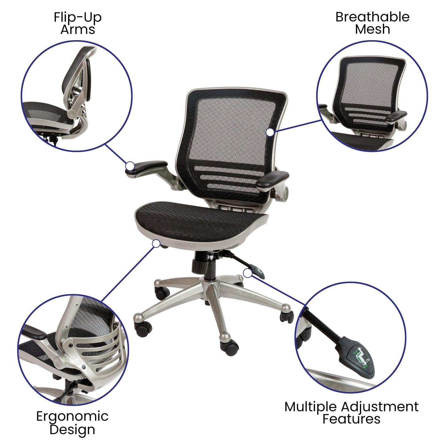 Warfield Mid-Back Transparent Black Mesh Executive Swivel Office Chair with Graphite Silver Frame and Flip-Up Arms Black Mesh/Graphite Silver Frame BL-8801X-BK-GR-GG