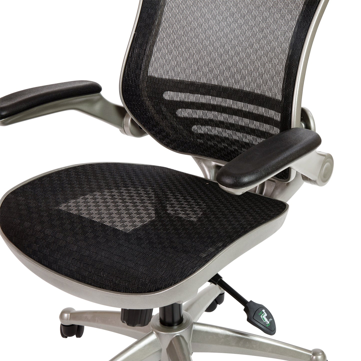 Warfield Mid-Back Transparent Black Mesh Executive Swivel Office Chair with Graphite Silver Frame and Flip-Up Arms Black Mesh/Graphite Silver Frame BL-8801X-BK-GR-GG