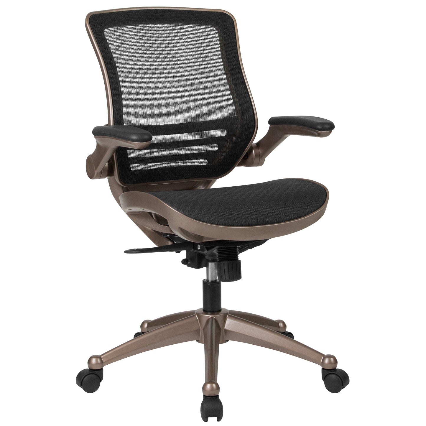 Warfield Mid-Back Transparent Black Mesh Executive Swivel Office Chair with Melrose Gold Frame and Flip-Up Arms Black Mesh/Gold Frame