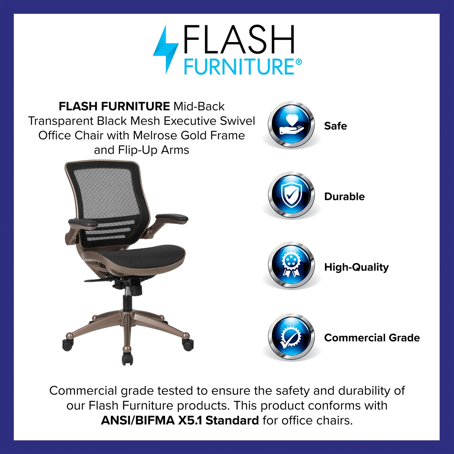 Warfield Mid-Back Transparent Black Mesh Executive Swivel Office Chair with Melrose Gold Frame and Flip-Up Arms Black Mesh/Gold Frame