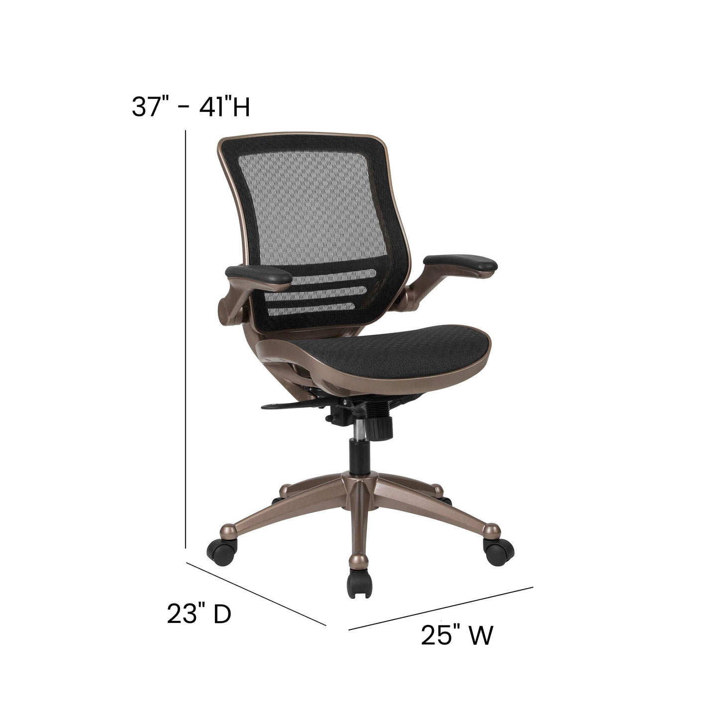 Warfield Mid-Back Transparent Black Mesh Executive Swivel Office Chair with Melrose Gold Frame and Flip-Up Arms Black Mesh/Gold Frame
