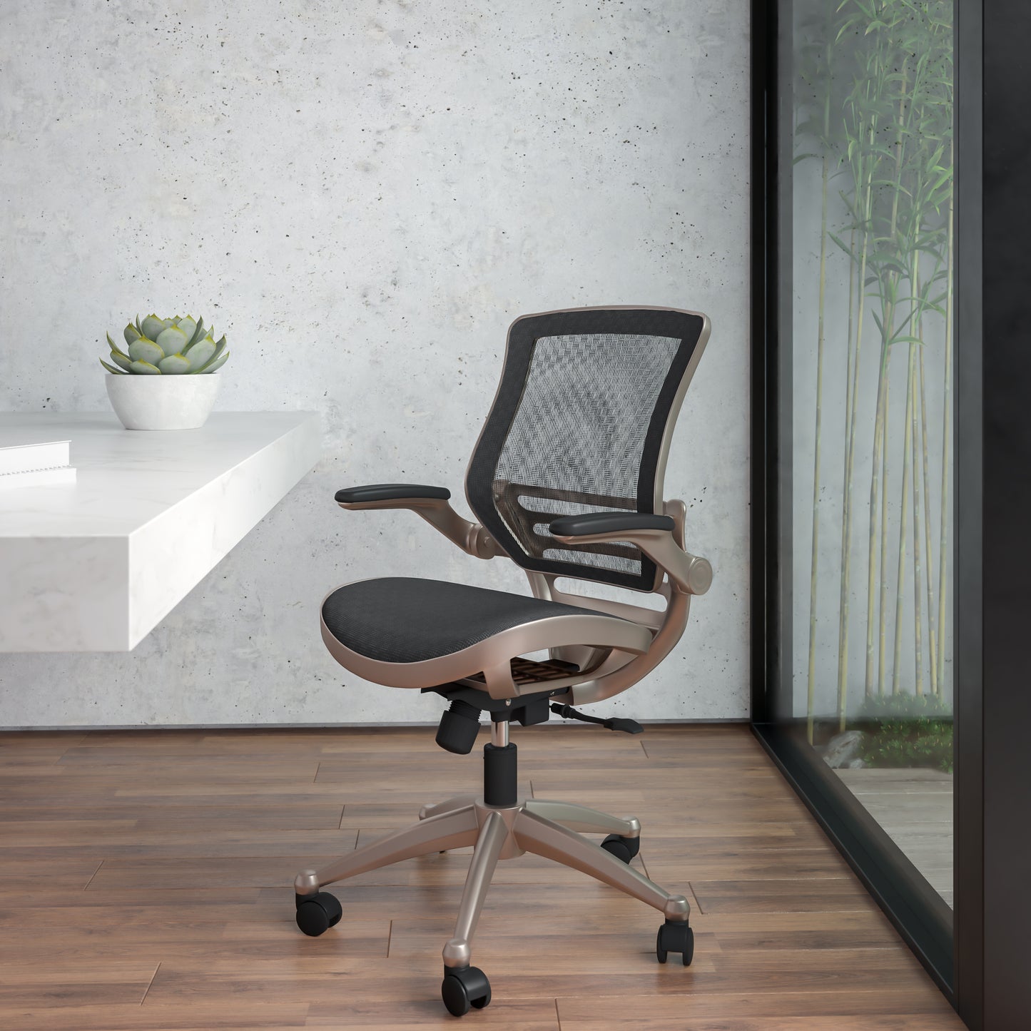 Warfield Mid-Back Transparent Black Mesh Executive Swivel Office Chair with Melrose Gold Frame and Flip-Up Arms Black Mesh/Gold Frame