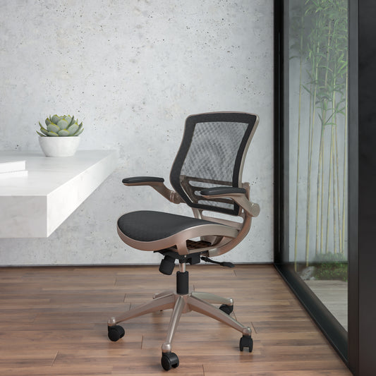 Warfield Mid-Back Transparent Black Mesh Executive Swivel Office Chair with Melrose Gold Frame and Flip-Up Arms Black Mesh/Gold Frame BL-8801X-GG