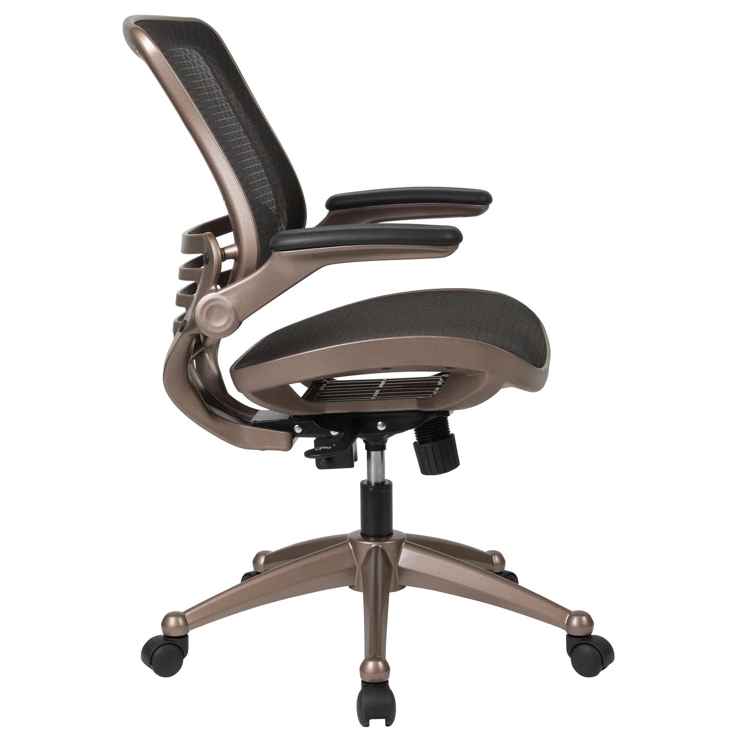 Warfield Mid-Back Transparent Black Mesh Executive Swivel Office Chair with Melrose Gold Frame and Flip-Up Arms Black Mesh/Gold Frame