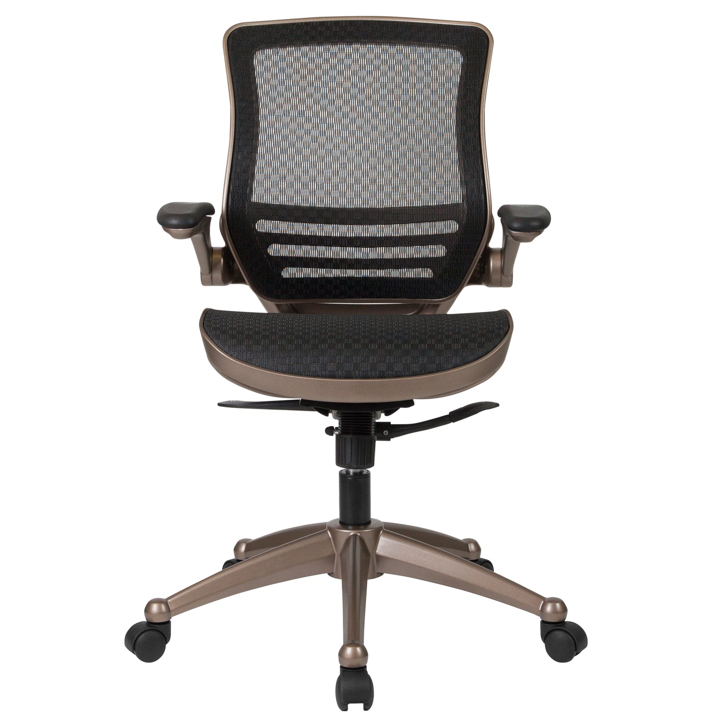 Warfield Mid-Back Transparent Black Mesh Executive Swivel Office Chair with Melrose Gold Frame and Flip-Up Arms Black Mesh/Gold Frame