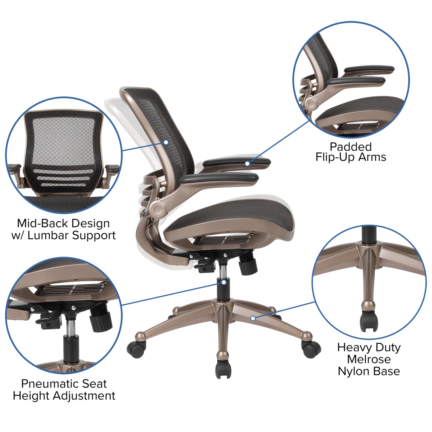 Warfield Mid-Back Transparent Black Mesh Executive Swivel Office Chair with Melrose Gold Frame and Flip-Up Arms Black Mesh/Gold Frame