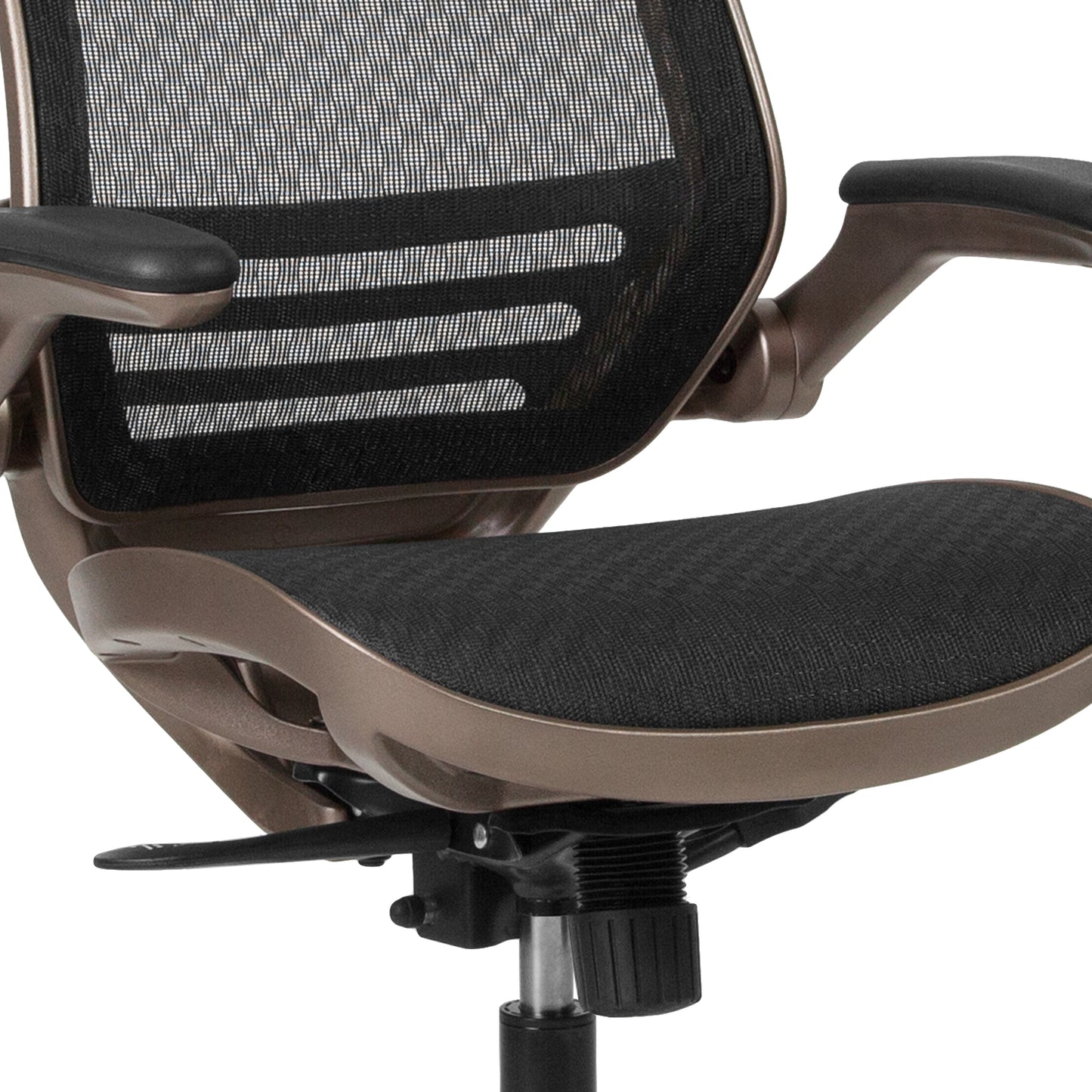 Warfield Mid-Back Transparent Black Mesh Executive Swivel Office Chair with Melrose Gold Frame and Flip-Up Arms Black Mesh/Gold Frame
