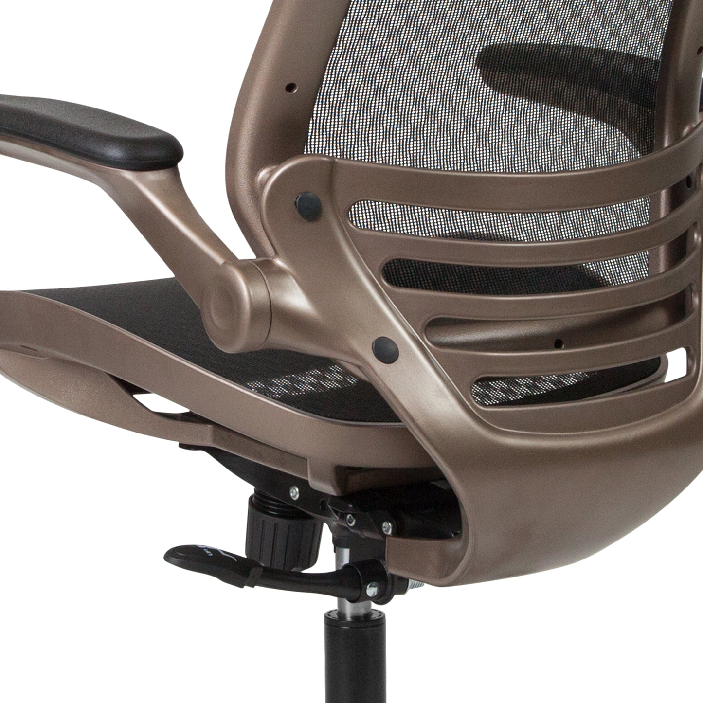 Warfield Mid-Back Transparent Black Mesh Executive Swivel Office Chair with Melrose Gold Frame and Flip-Up Arms Black Mesh/Gold Frame