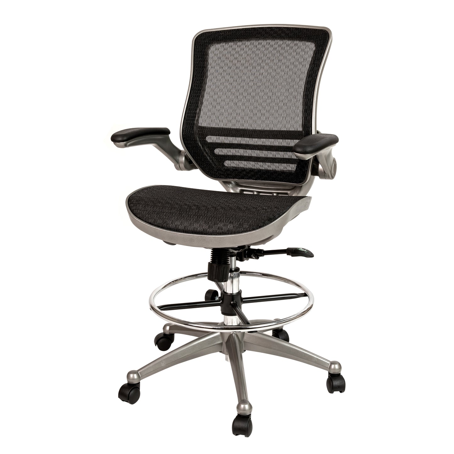 Waylon Mid-Back Transparent Black Mesh Drafting Chair with Graphite Silver Frame and Flip-Up Arms Black Mesh/Graphite Silver Frame