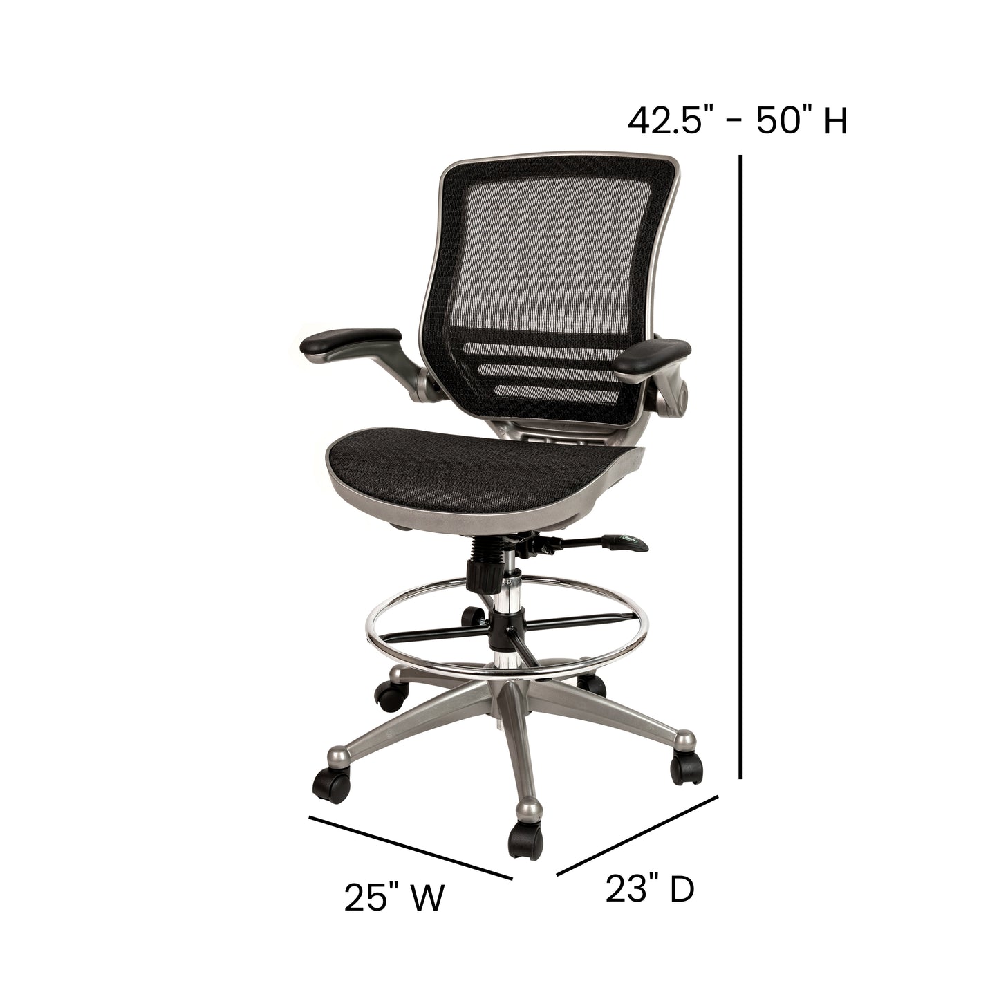 Waylon Mid-Back Transparent Black Mesh Drafting Chair with Graphite Silver Frame and Flip-Up Arms Black Mesh/Graphite Silver Frame