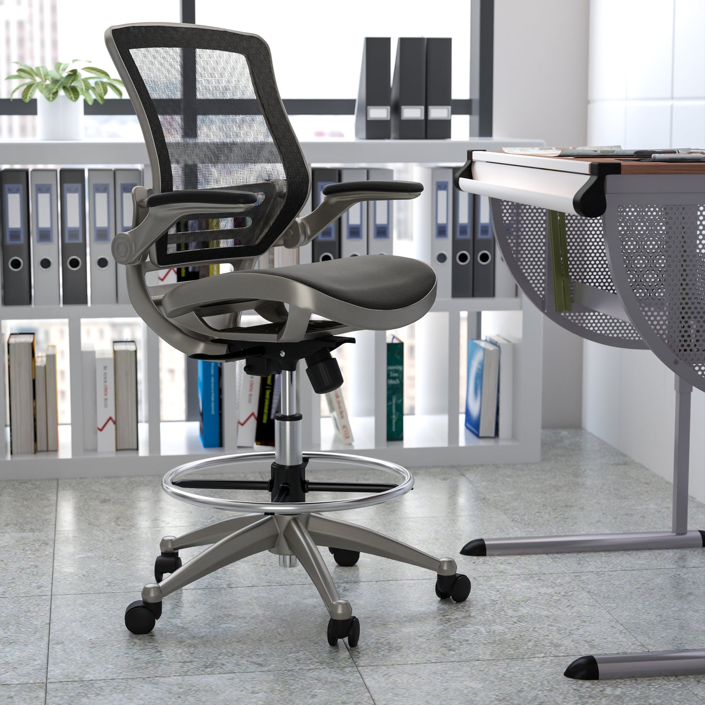 Waylon Mid-Back Transparent Black Mesh Drafting Chair with Graphite Silver Frame and Flip-Up Arms Black Mesh/Graphite Silver Frame