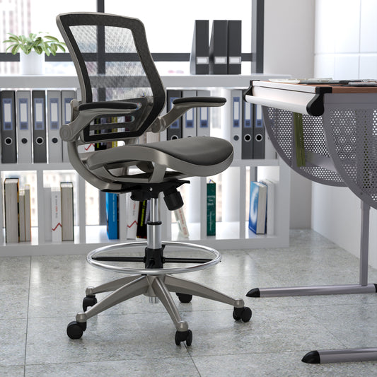 Waylon Mid-Back Transparent Black Mesh Drafting Chair with Graphite Silver Frame and Flip-Up Arms Black Mesh/Graphite Silver Frame BL-LB-8801X-D-BK-GR-GG