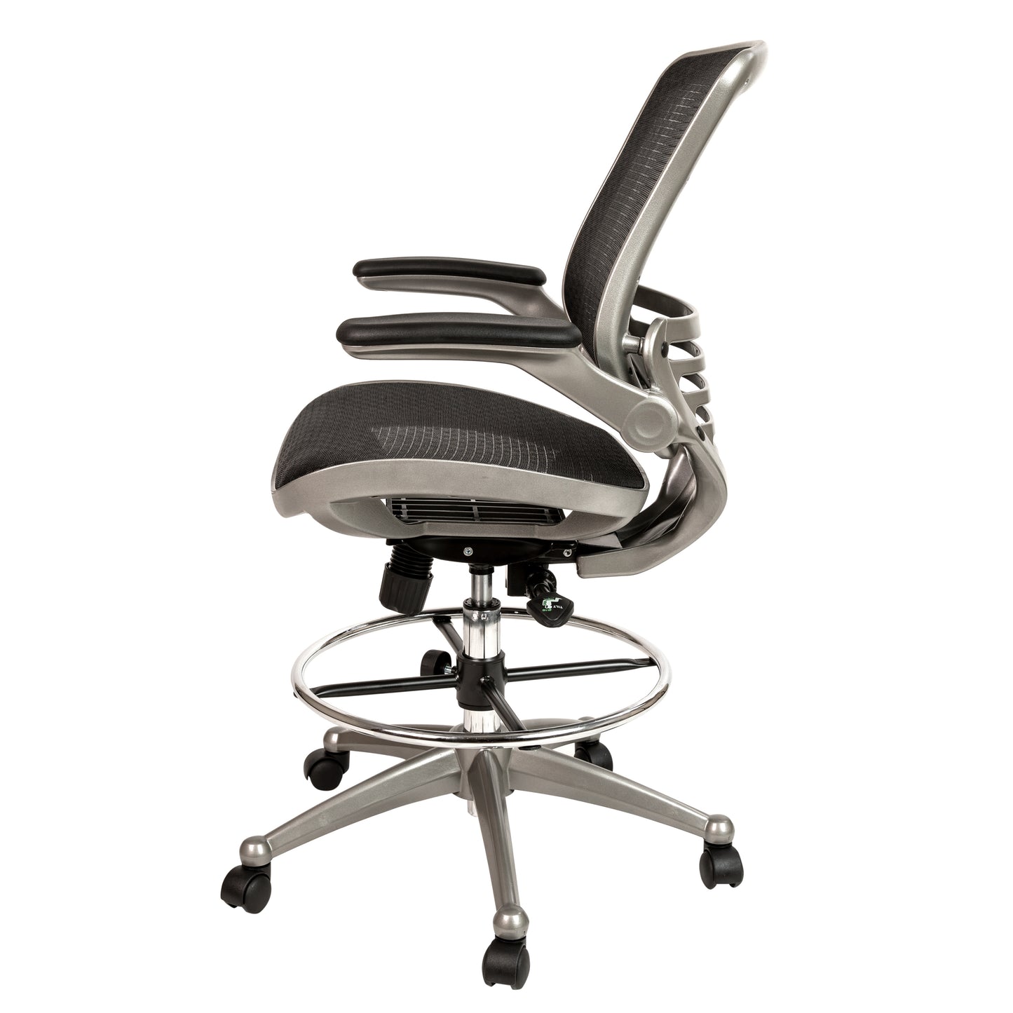 Waylon Mid-Back Transparent Black Mesh Drafting Chair with Graphite Silver Frame and Flip-Up Arms Black Mesh/Graphite Silver Frame