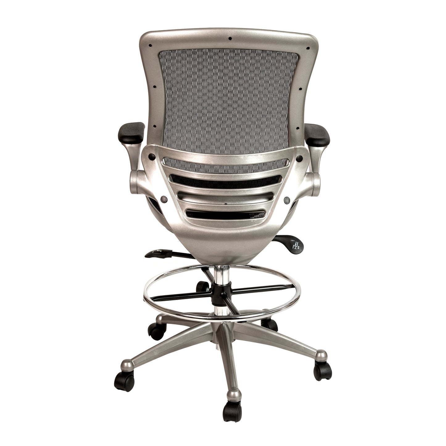 Waylon Mid-Back Transparent Black Mesh Drafting Chair with Graphite Silver Frame and Flip-Up Arms Black Mesh/Graphite Silver Frame