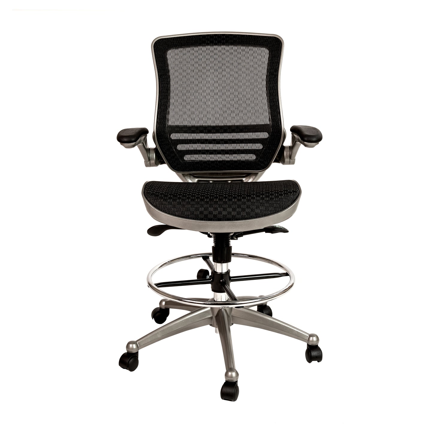 Waylon Mid-Back Transparent Black Mesh Drafting Chair with Graphite Silver Frame and Flip-Up Arms Black Mesh/Graphite Silver Frame