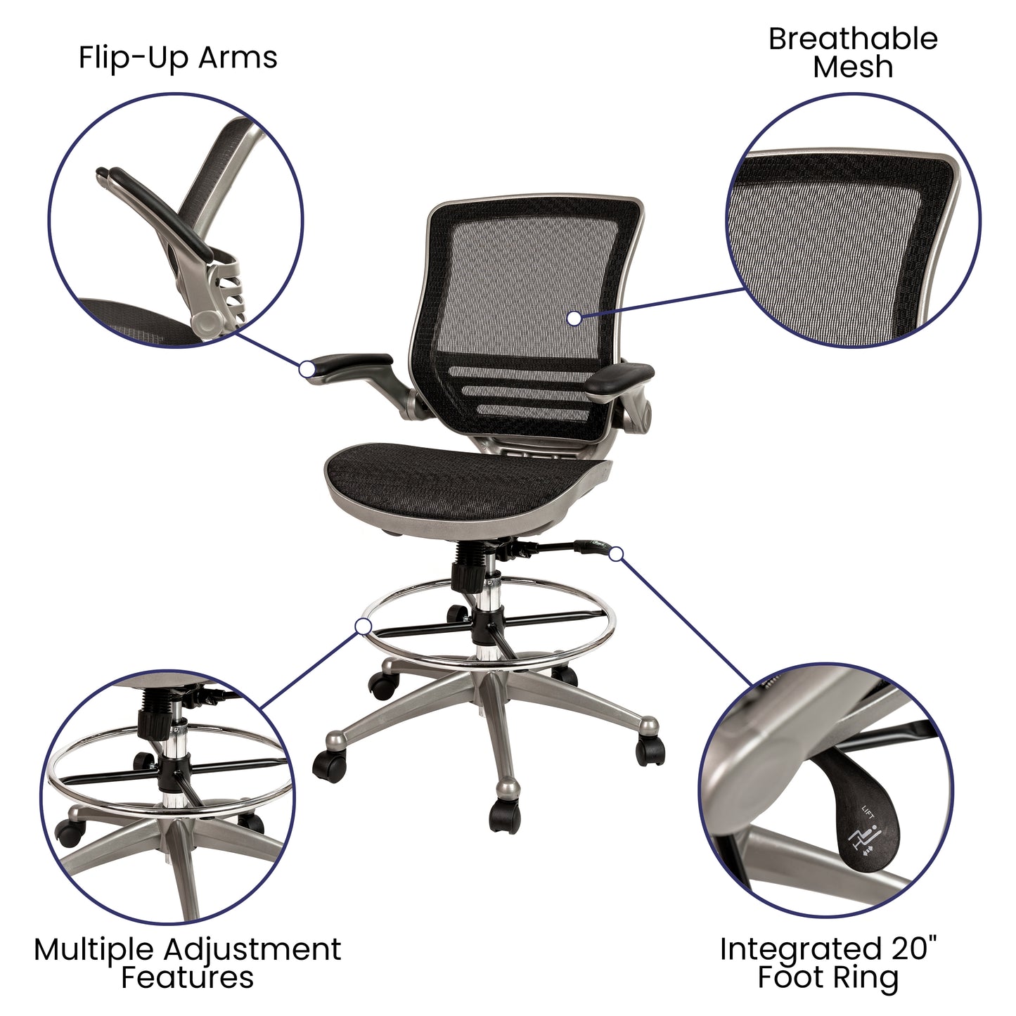 Waylon Mid-Back Transparent Black Mesh Drafting Chair with Graphite Silver Frame and Flip-Up Arms Black Mesh/Graphite Silver Frame