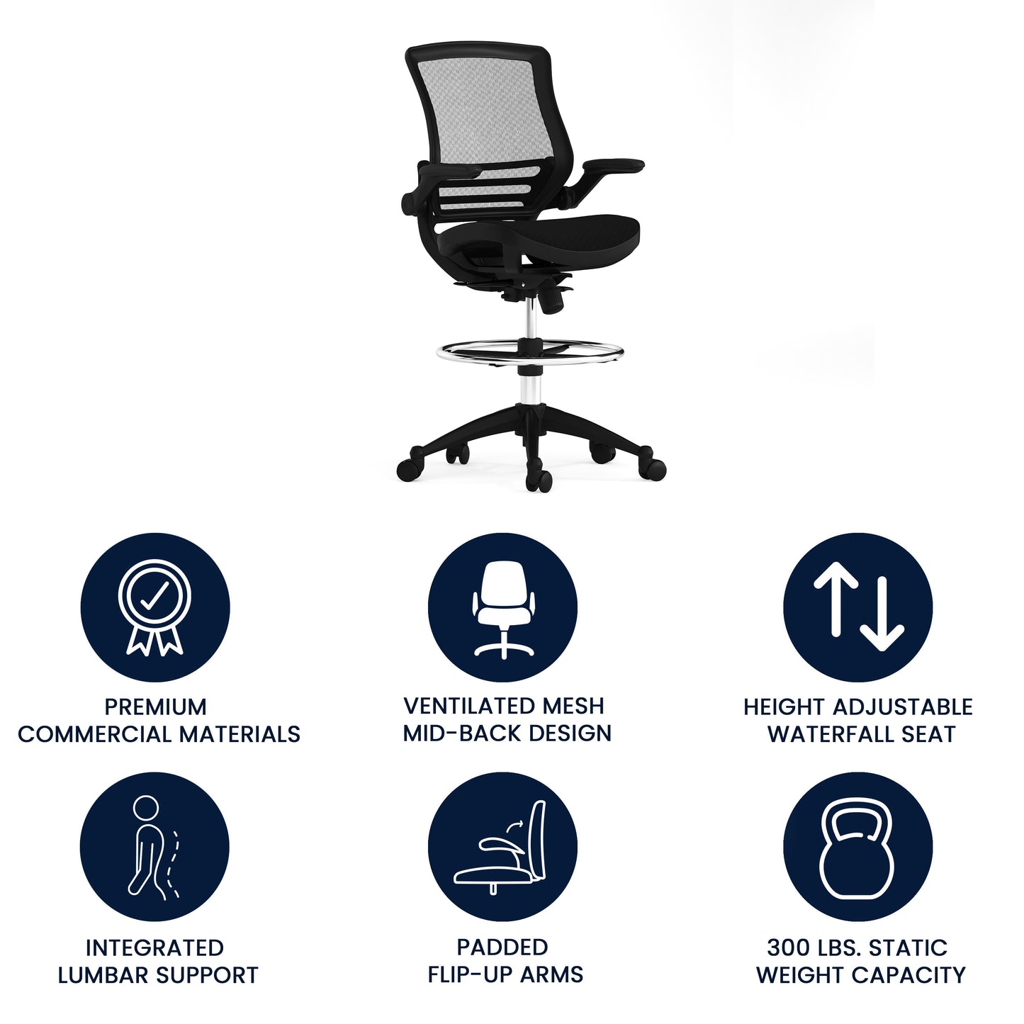 Waylon Mid-Back Transparent Black Mesh Drafting Chair with Black Frame and Flip-Up Arms Black Mesh/Black Frame BL-LB-8801X-D-BLK-GG