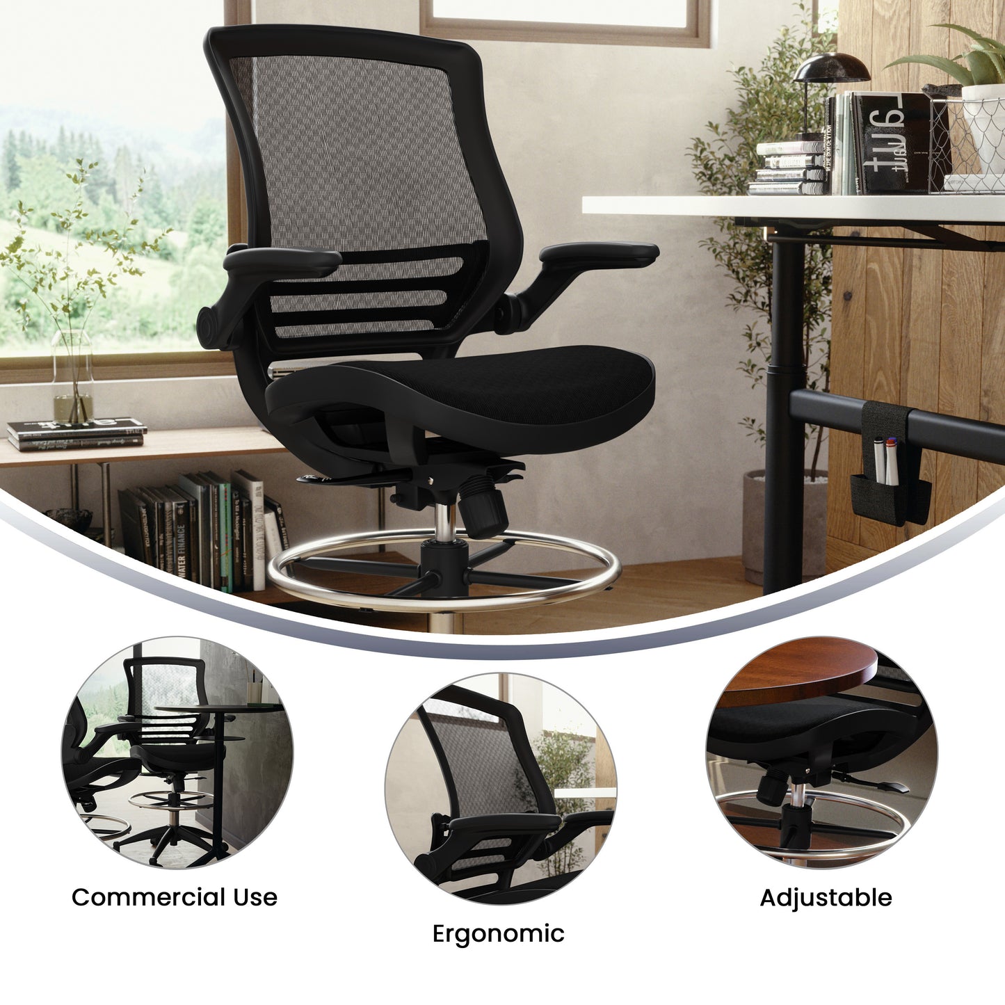 Waylon Mid-Back Transparent Black Mesh Drafting Chair with Black Frame and Flip-Up Arms Black Mesh/Black Frame BL-LB-8801X-D-BLK-GG