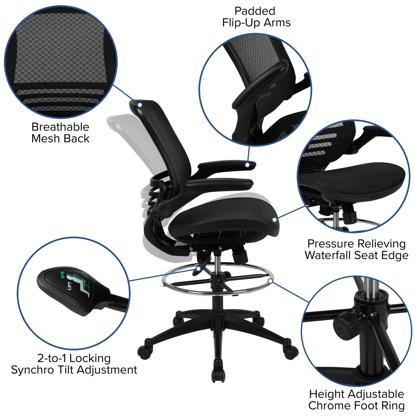 Waylon Mid-Back Transparent Black Mesh Drafting Chair with Black Frame and Flip-Up Arms Black Mesh/Black Frame BL-LB-8801X-D-BLK-GG