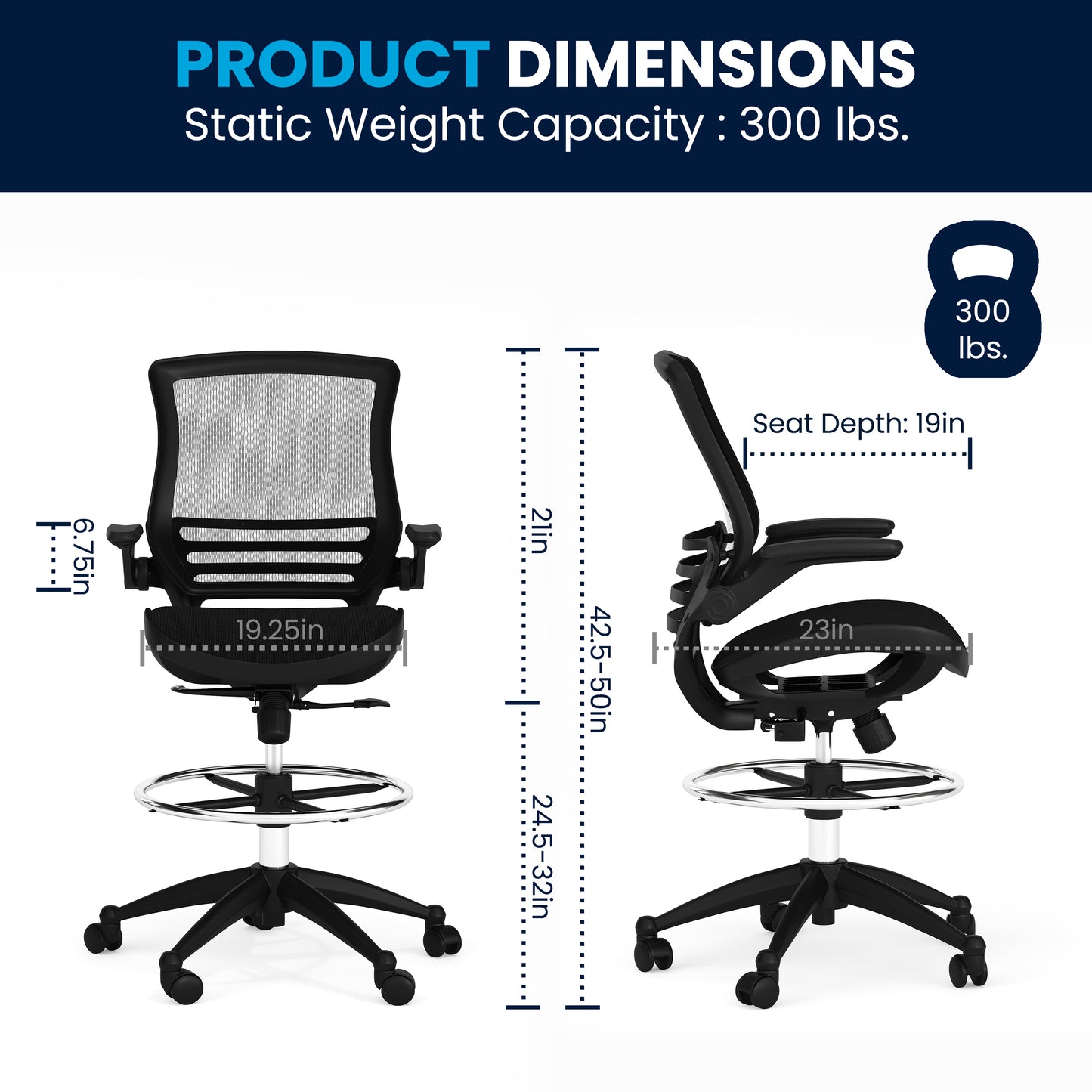 Waylon Mid-Back Transparent Black Mesh Drafting Chair with Black Frame and Flip-Up Arms Black Mesh/Black Frame BL-LB-8801X-D-BLK-GG